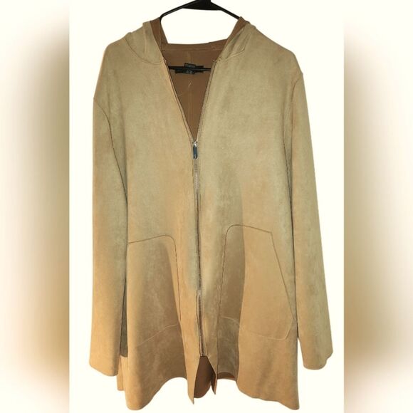 Joan Vass Faux Suede Camel Colored Hooded Coat Size XL - Picture 5 of 8